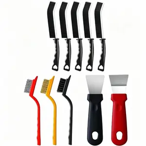 10Pcs Deep Cleaning Set - 2 Heavy-Duty Dual-Color Scrapers, 3 Small Stainless Steel & Brass Wire Brushes, 5 Long Nylon Crevice Brushes with Ergonomic Design for Kitchen, Bathroom Gaps