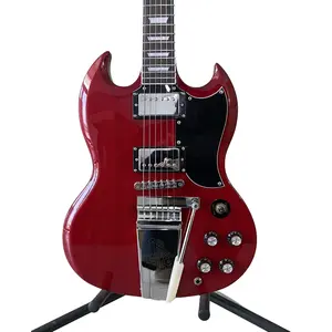 Solid Cherry Red 6 String Guitar, Black Pickguard Tremolo Tailpiece Chrome Hardware