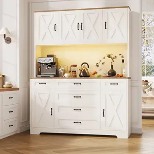 B FUSOU 71" Tall Homestorage Pantry Cabinet with LED Lights & Charging Station, Farmhouse Kitchen Hutch with 6 Drawers & Adjustable Shelves, Spacious Storage Cabinet for Dining Room, White Deals For You Days