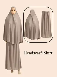 Women's Dress Set, 2pcs Muslim Style Soft Fabric Comfortable Fit, Plain Pattern All Season Wear, Modest Design Hijab Headscarf & Skirt Combo
