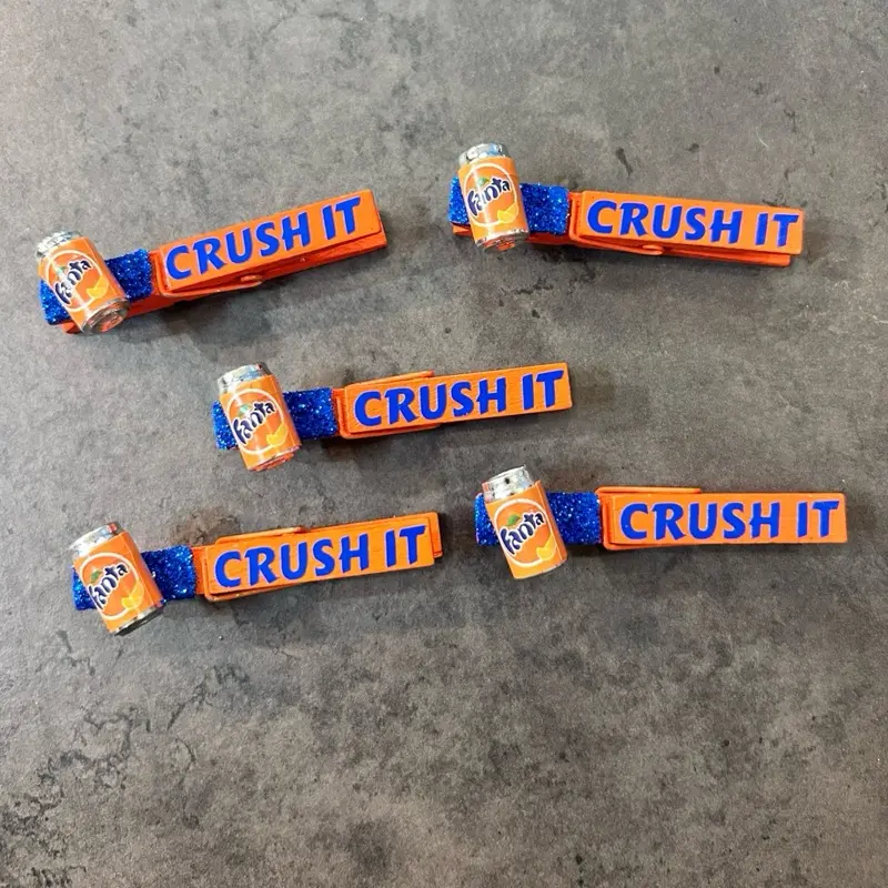 Cute Crush it soda can Sports Clips & cheer pins! Perfect for clipping and pinning backpacks at gymnastics or cheer competition, softball or soccer game, volleyball or basketball tournament!
