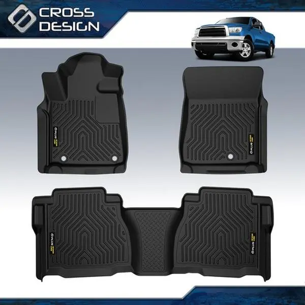 CROSSDESIGN All Weather TPE Car Floor Mats - Black 3-Piece Set, Raised Edge Waterproof Stain Resistant, Front+Back Coverage, Fit 2007-2011 Toyota Tundra CrewMax/Double Cab, Car Accessory Truck Accessories, Slip-Proof, Deepgroove Grip