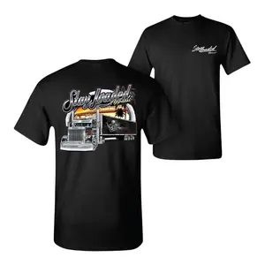 Stay Loaded Apparel T Shirt, Chrome Semi Truck Sunset Scene 2 Sides Graphic Tee with palm trees and trailer art