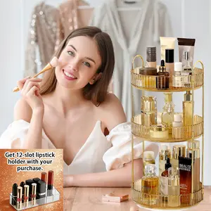 360-Degree Rotating Makeup Organizer, Bonus12-slot lipstick holder,Cosmetic Storage Display Case for Bathroom Vanity Countertop, Skincare and Perfume Storage Organizers, Jewelry Dresser Organizer, 3-Tier, Green