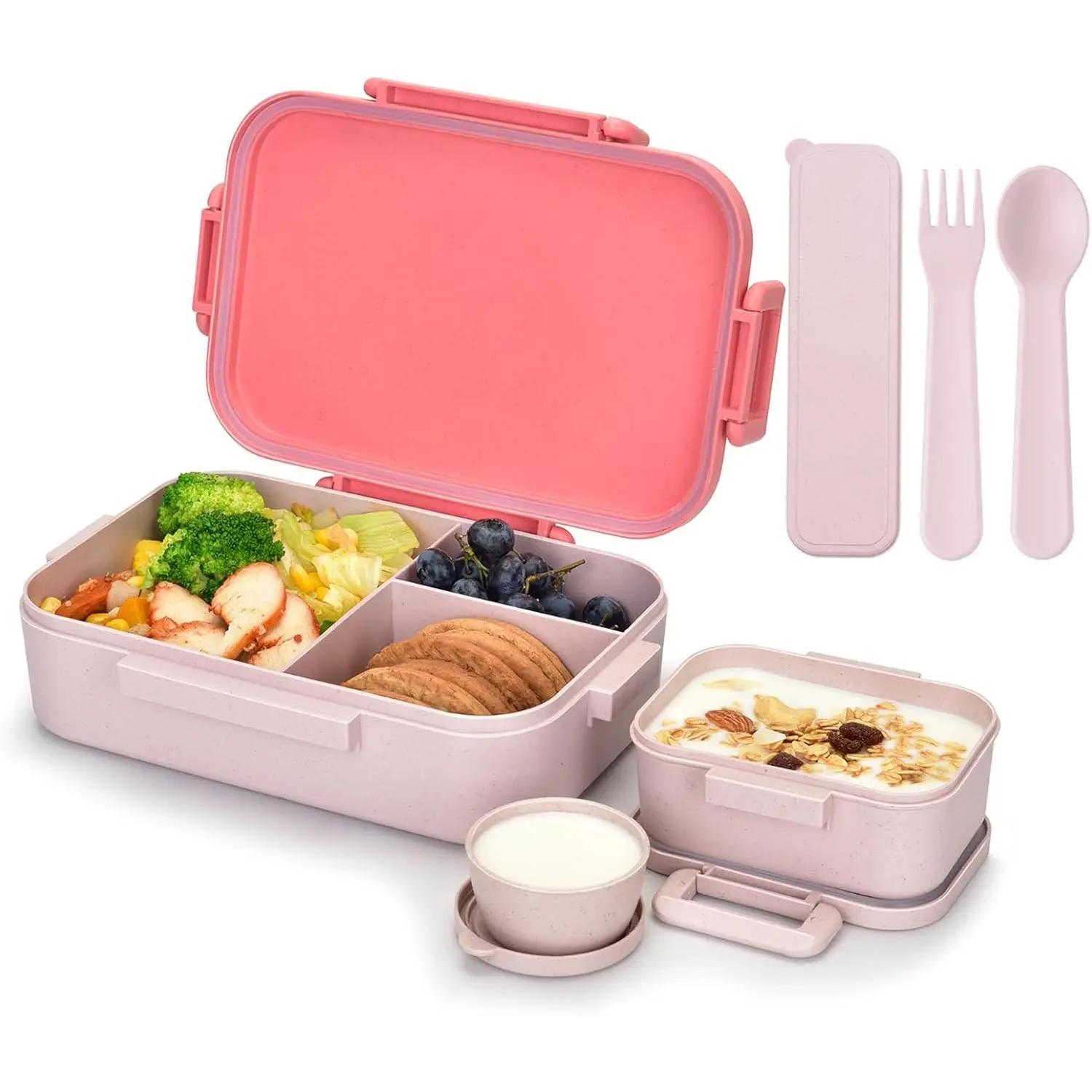 1200ML Organic Fiber Wheat Straw Lunch Box with Lid, Leakproof Movable Compartment, Utensil Set, Lightweight Easy-Open To-Go Food Container for Ages 8+
