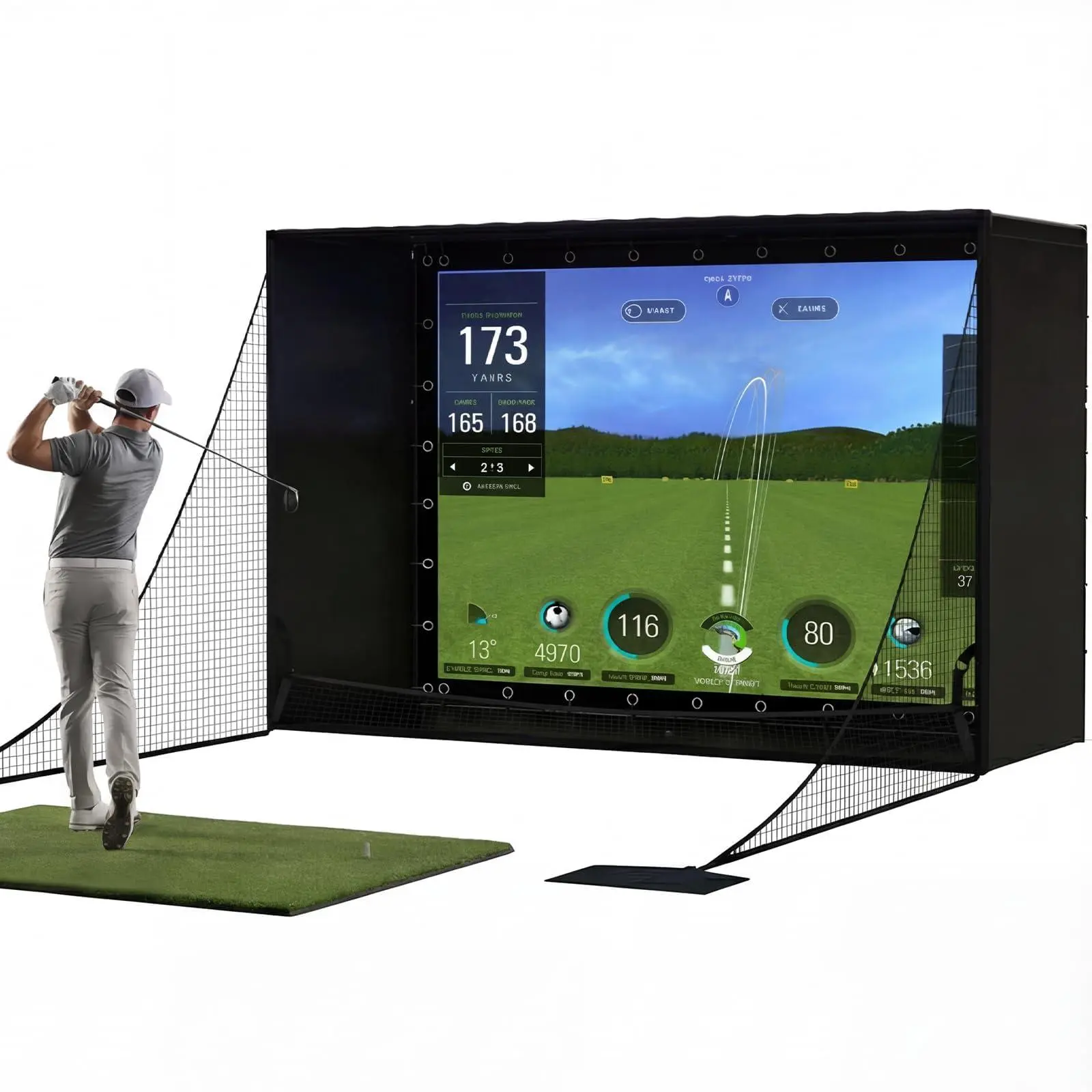 Golf Net 11/8.5Ft Heavy Duty Golf Practice Nets Golf Simulator Enclosure Package, 4K-Ready Impact Screen for Backyard Chipping Indoor Outdoor Training