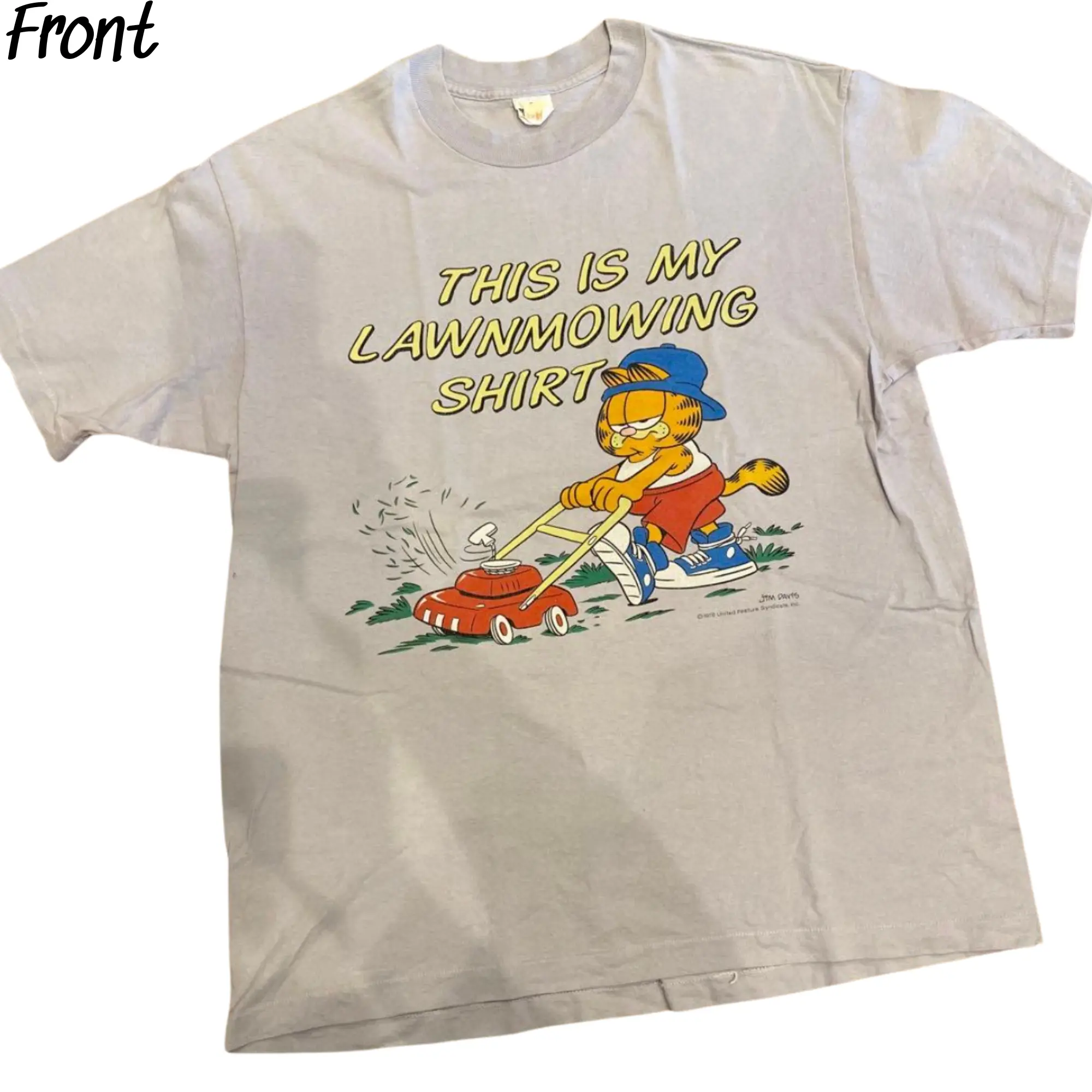 Retro 90s Garfield T-shirt, Garfield Cute Shirt, Lawn Mowing T-shirt, Cartoon T-shirt Menswear Top Underwear Tshirt Underwear Tshirt
