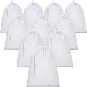 10 Pcs Mesh Laundry Bags with Drawstring Multicolor Mesh Sack Bag Nylon Gift Dishwasher Bag with for Clothes Socks Jewelry Gifts Toys Fruit(12 x 16 Inch,White)