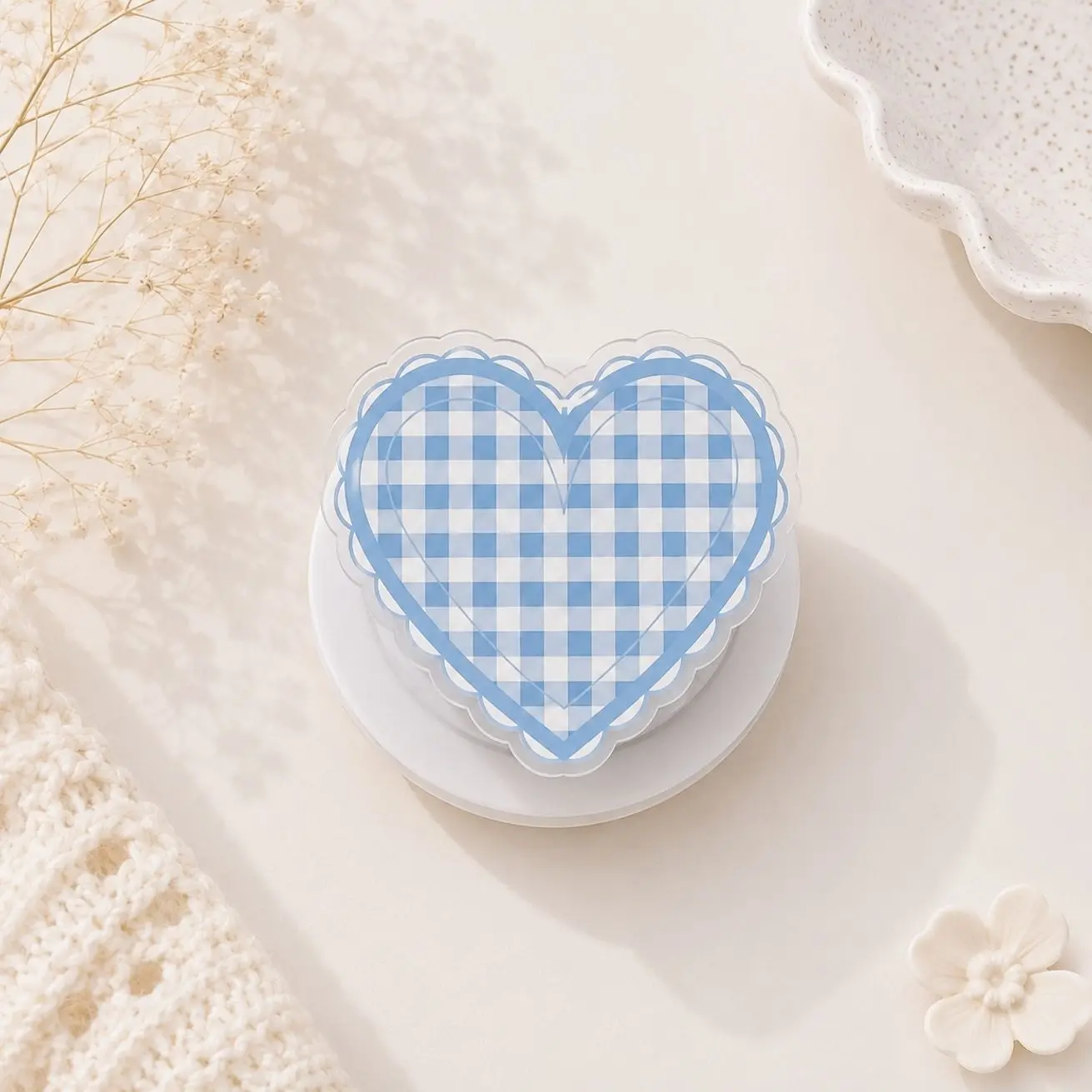 Blue Checkered Heart Phone Grip, Cute Plaid Phone Holder, Sweet Aesthetic Phone Stand, Trendy Phone Accessory