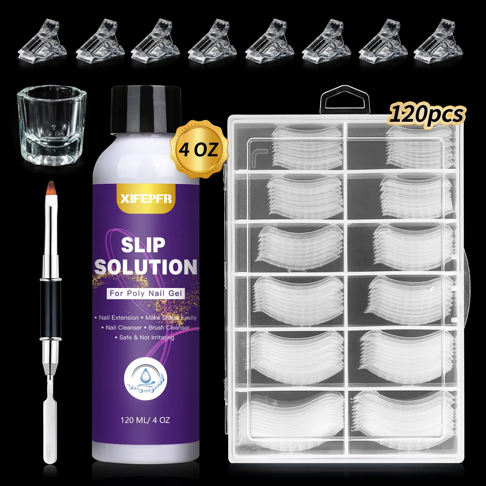 Poly Gel Slip Solution Kit 4oz Anti-Stick Liquid, 120pcs Dual Forms Nail Brush Clips & Cup, DIY Nail Art Manicure Nail Extension Gifts for Women, Polygel Nail Set, Poly Gel Nail Kit Complete, Polygel Nail Kits