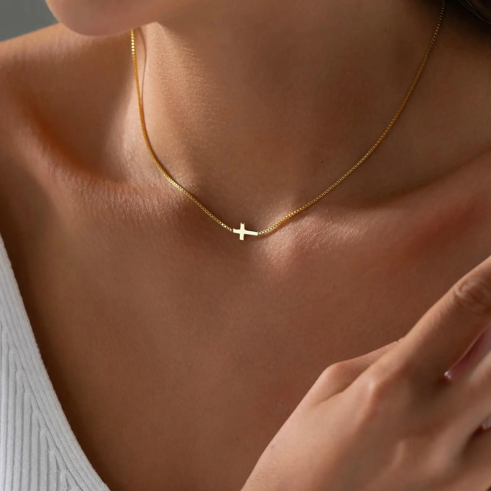 Halo Grace Cross Necklace for Women 14K Gold Silver Plated Dainty Small Cross Pendant Choker Simple Trendy Cute Cross Charm Chain Necklace Easter Basket Stuffers Baptism Religious Faith Jewelry Gift