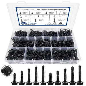 450 count Self Tapping Screws for Metal, 410 Stainless Steel Self Drilling Screws #8#10 Hex  Sheet Metal Screws Assortment Kits, Length 1/2"" to 1-1/4'' (Black)