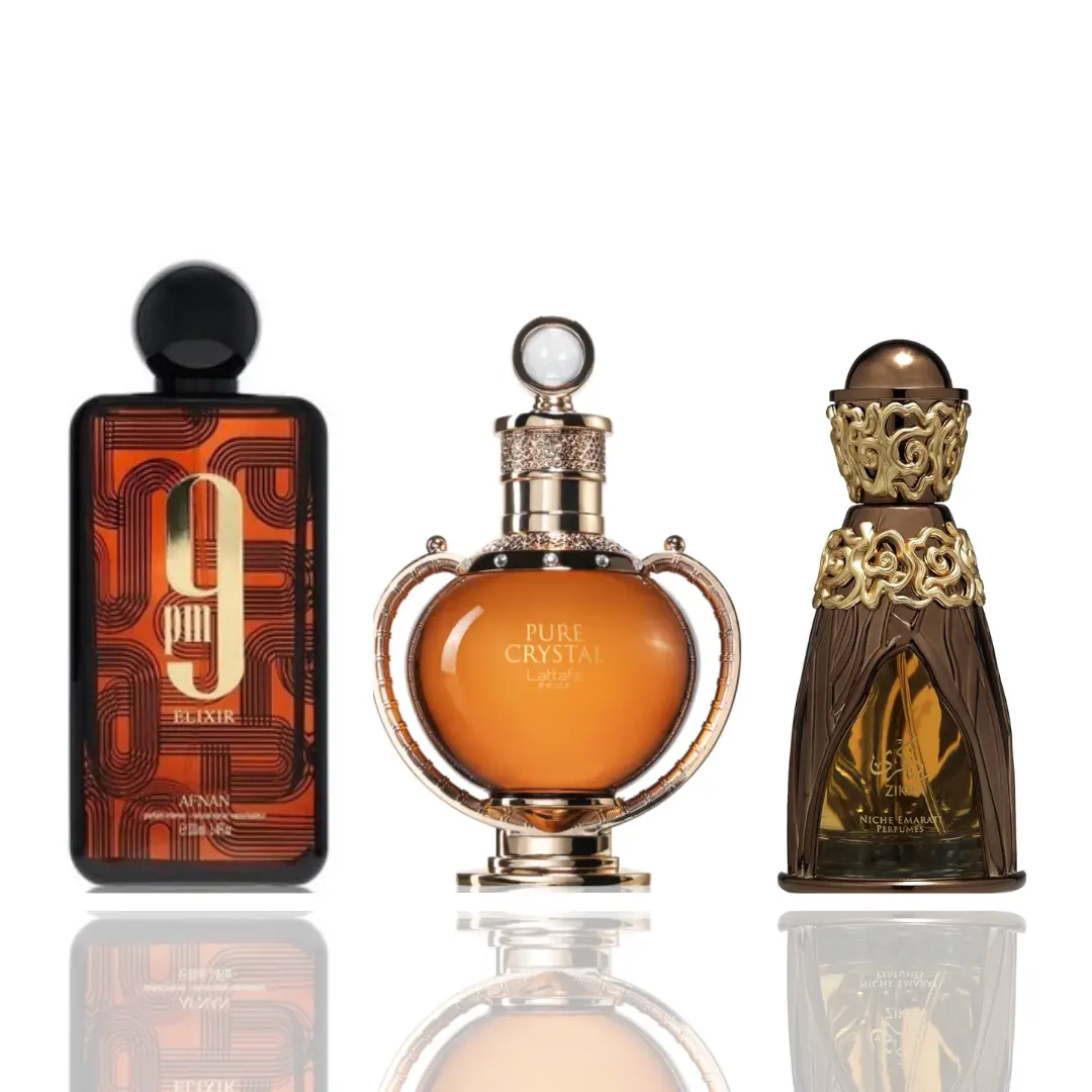 Lattafa 3-Bottle Unisex Fragrance Bundle Set - 9PM Elixir, Pure Crystal, Zikra Fragrances with Creamy Finish, Resins, Vanilla, Warm Spices, Three Bottles