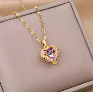 Colorful Crystal Ocean Heart Pendant Necklace 316L Stainless Steel Sparkly Zircon Charm Rainbow Crystal Heart for Daily Outfits Date Nights Birthdays Gifts
