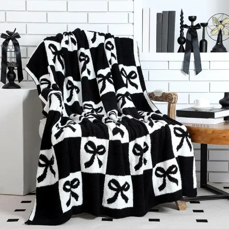 Buryeah Bow Flannel Throw Blanket, Black and White, Preppy Style, Cute, Reversible, Cozy, Soft, Lightweight Plush — Gift for Couch, Sofa, Bed, Travel — 50 x 60 inches — Suitable for super-soft decorative sofas/sofas/bedrooms