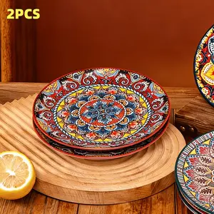 2-Piece 8.07-Inch Ceramic Plate Set, Boho Style Kitchen Diningware, Creative Home Tableware, Fruit Bowl, Steak Plate, Shallow Round Plates