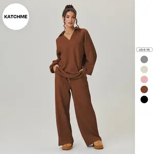 KatchMe Women's Slouchy Solid Color V-Neck Loose Textured Pullover & Drawstring Waist Trousers Co-ord, Minimalist Two Piece Outfits, Soft Womenswear