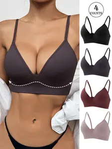 4-piece women's gathering fixed cup bra, Wireless Padded Bra, sports thread non-removable breast pad, adjustable shoulder straps, thickened high elasticity design, and closed side breasts to prevent sagging