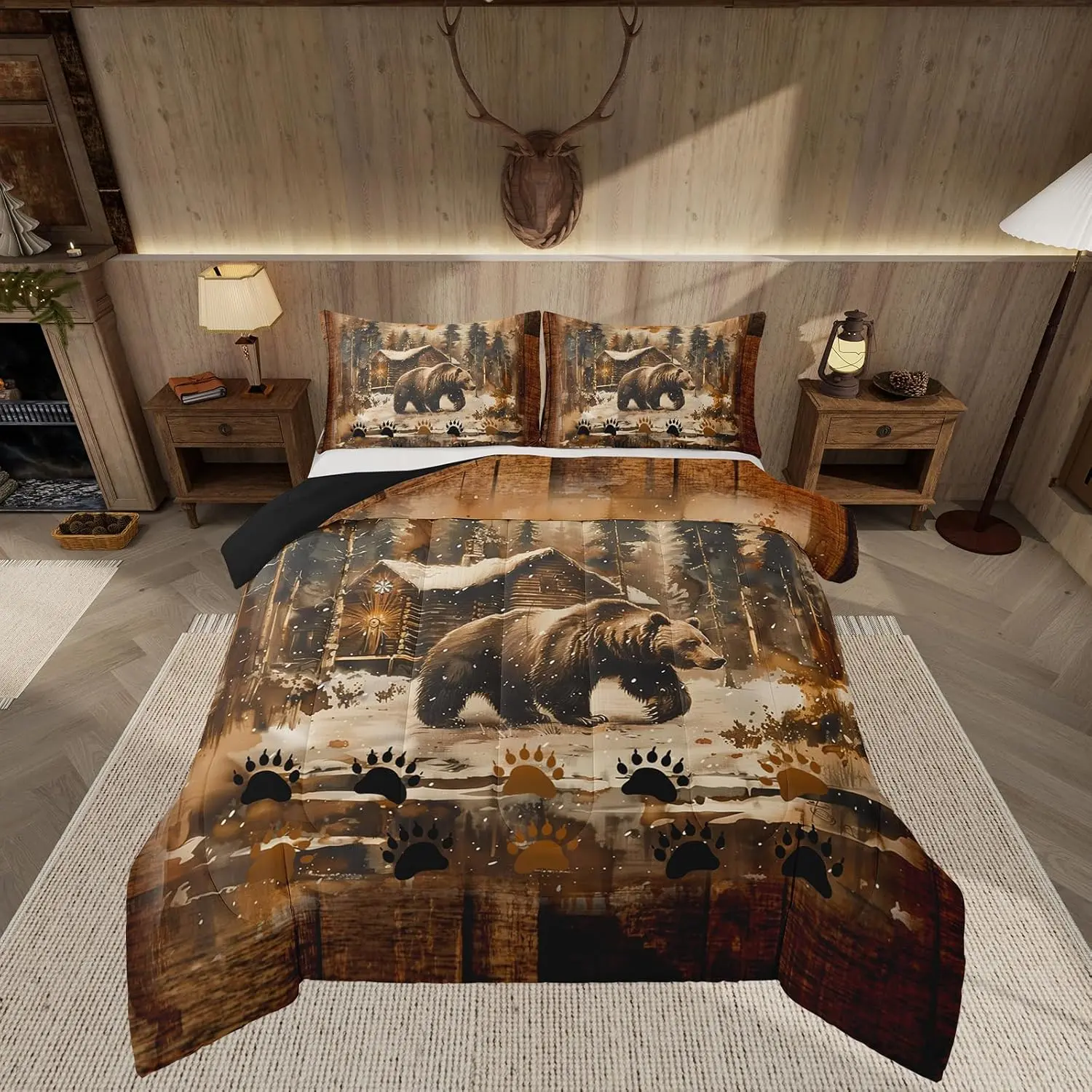 Feelyou Rustic Bear Wildlife Hunting Theme Bedding Set, Breathable Soft Microfiber Duvet Set with Wildlife Print Animals Design, Multi-Size Option, Includes Duvet Cover and Comforter Insert