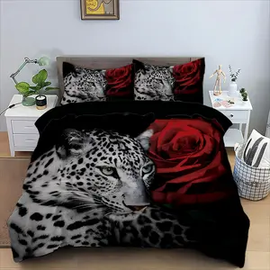 Leopard Rose Pattern Bedding Set, 3 Counts/set Including 1 Count Duvet Cover & 2 Counts Pillowcases without Filler, Soft Comfortable Bedding Set for Bedroom Dormitory Hotel