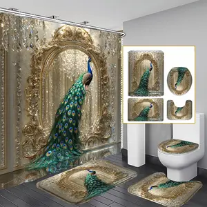 1/3/4PCS Blue Peacock Shower Curtain Set, 71x71 Inches, Includes Background Pattern, Comes with 12 Hooks, 1/3/4pcs Options, Bathroom Supplies