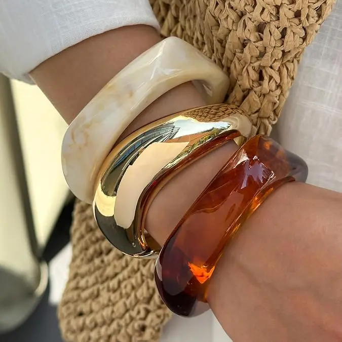 3PCS Vintage Stack Bracelet for Women, Colorful Chunky Bracelets, Trendy Acrylic Cuff Bangle, Ideal for Casual, Vacation, And Party Occasions