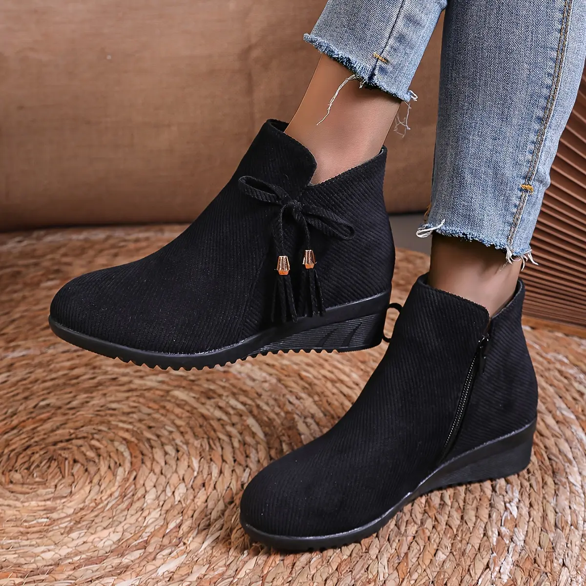 Wedge Thick-Soled Ankle Boots Women'S Tassel Autumn Winter Comfortable Shoes Trendy New Style, Women Shoes