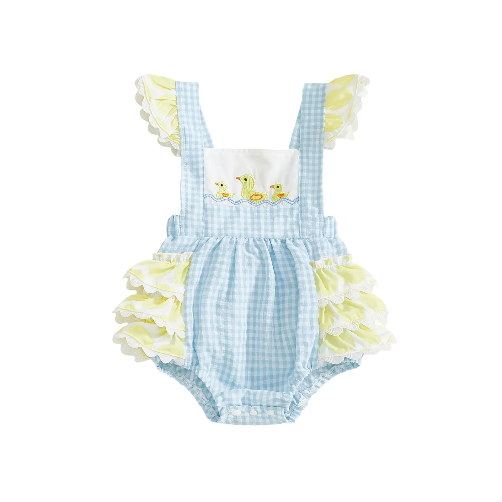 Baby Girls' Cotton Blend Summer Romper - Cute Duck Embroidery, Plaid Ruffled Sleeveless Bubble Jumpsuit, Casual Farm Outfit for 3 Month Baby Stuff Baby Clothing