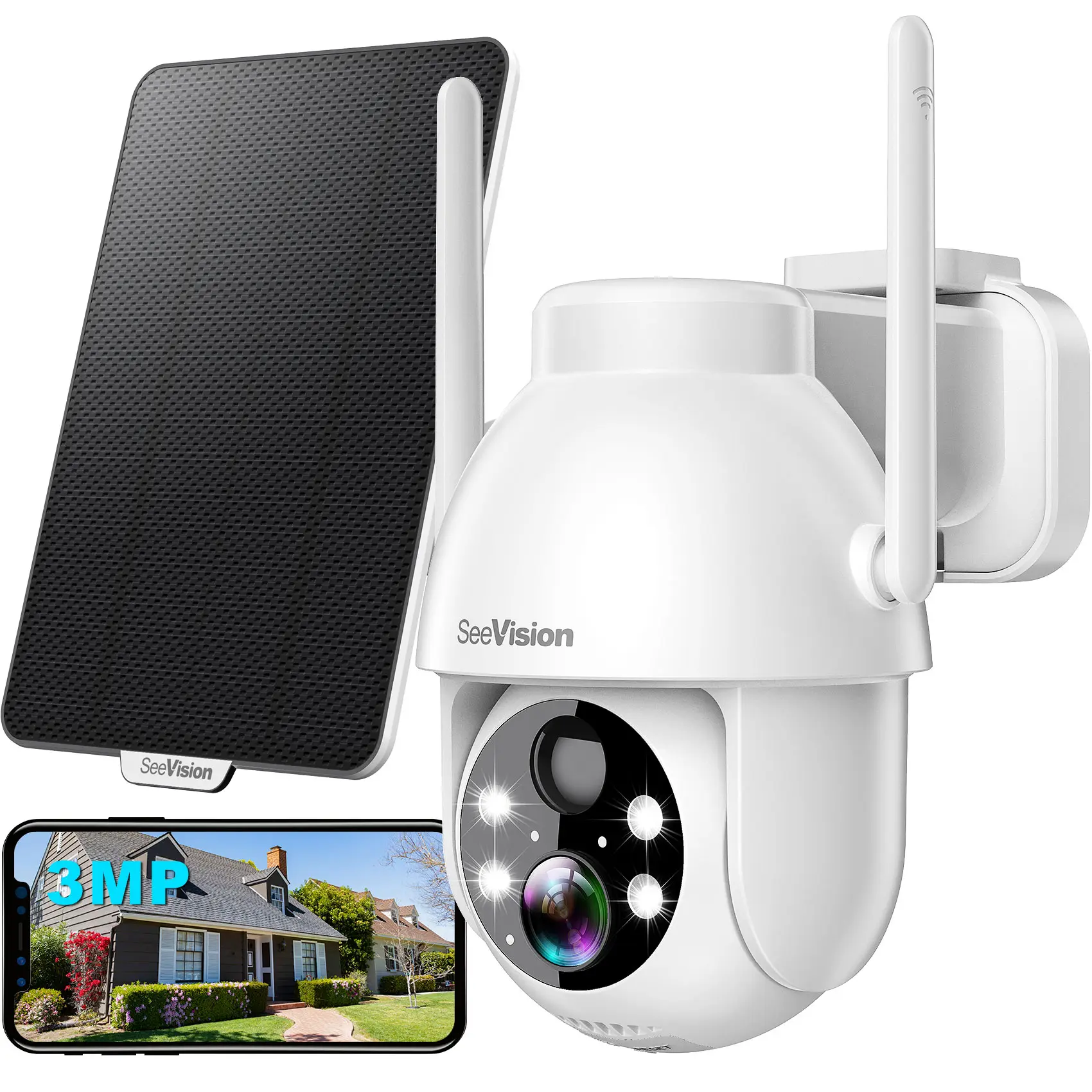 SeeVision White Solar Surveillance Camera - Home Wireless Security Camera, IP66 Waterproof, PIR Motion Sensor, Night Vision Cam, Free 7-Day Cycling Cloud Storage