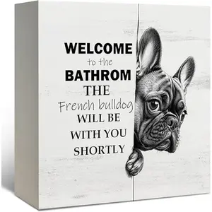 Funny French Bulldog Bathroom Sign, French Bulldog Home Decor Gifts Wooden Box Sign, Cute Frenchie Dog Wood Signs for Bathroom Toilet Restroom Counter Shelf Wall Decoration, Wall Art Sign 5x5 Inch Vintage Plaque Decor