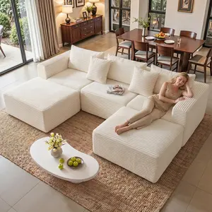 【Father's Day】 113" Cloud Sectional Boneless Couch with Chaise & Ottoman, Plush Corduroy Velvet Modern Modular Sofa with Deep Seat,3 Packages Shipping.Upholstered Couches for Living Room Bedroom, No Assembly Required summervibessofas living room.