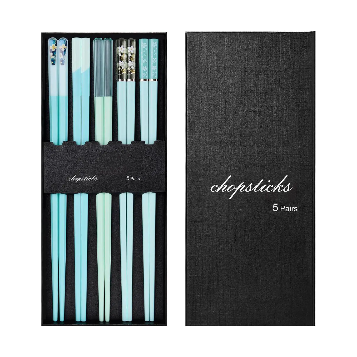 Chopsticks Reusable Dishwasher Safe, 5 Pairs 9.5 Inches Premium Chop Sticks Set for Sushi, Ramen, Asian Cuisine, Matte Non-slip with Gift Case Cutlery Metal Plastic Tableware Wooden Birthday