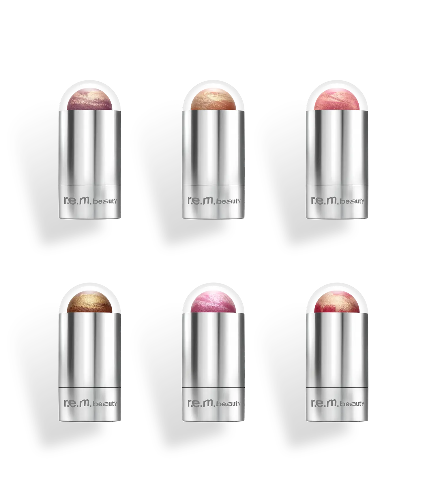r.e.m. beauty by Ariana Grande all 6 new mélange à trois blush & highlight sticks - creamy formula, subtle shimmer, non-comedogenic, made with castor oil, vitamin c & e, antioxidants
