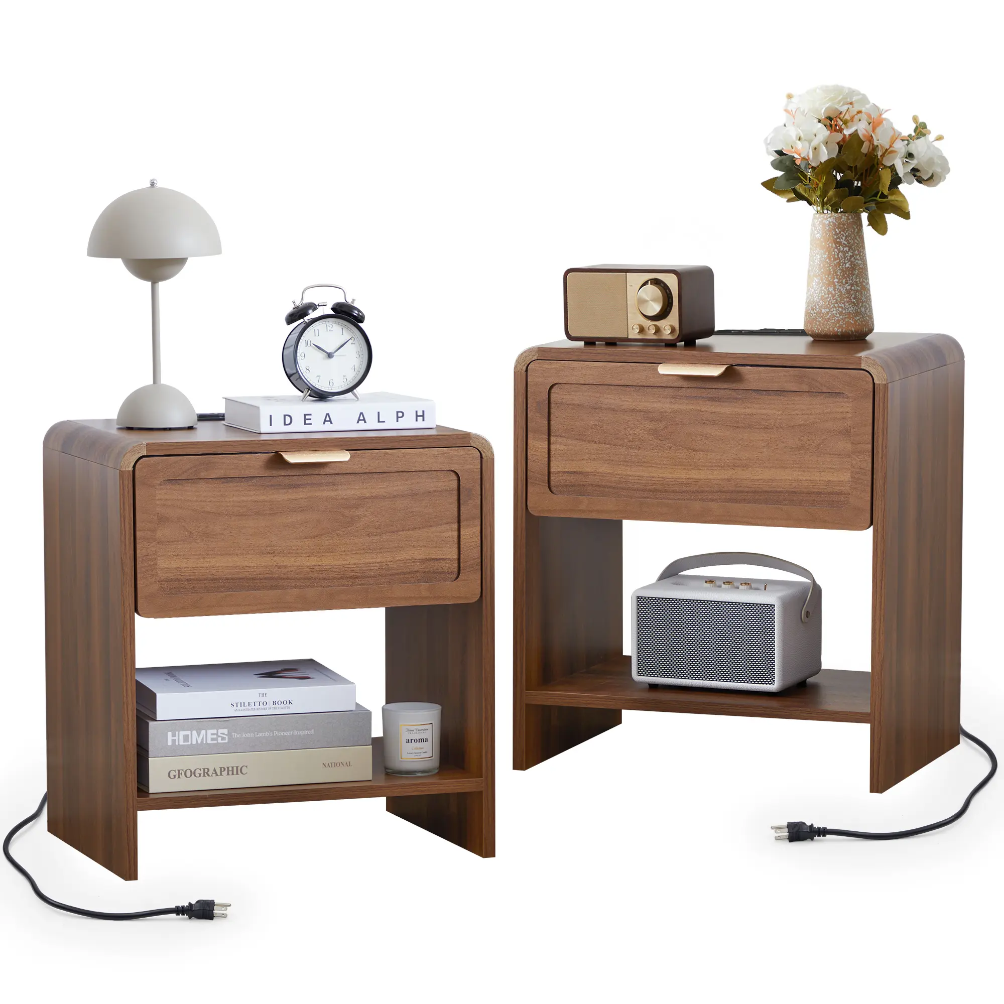 Giratree Compact Nightstand with Charging Station, Mid-Century Modern Wooden Bedside Table with Drawer and Open Shelf for Bedroom, Living Room, and Small Spaces, Single or Set of 2