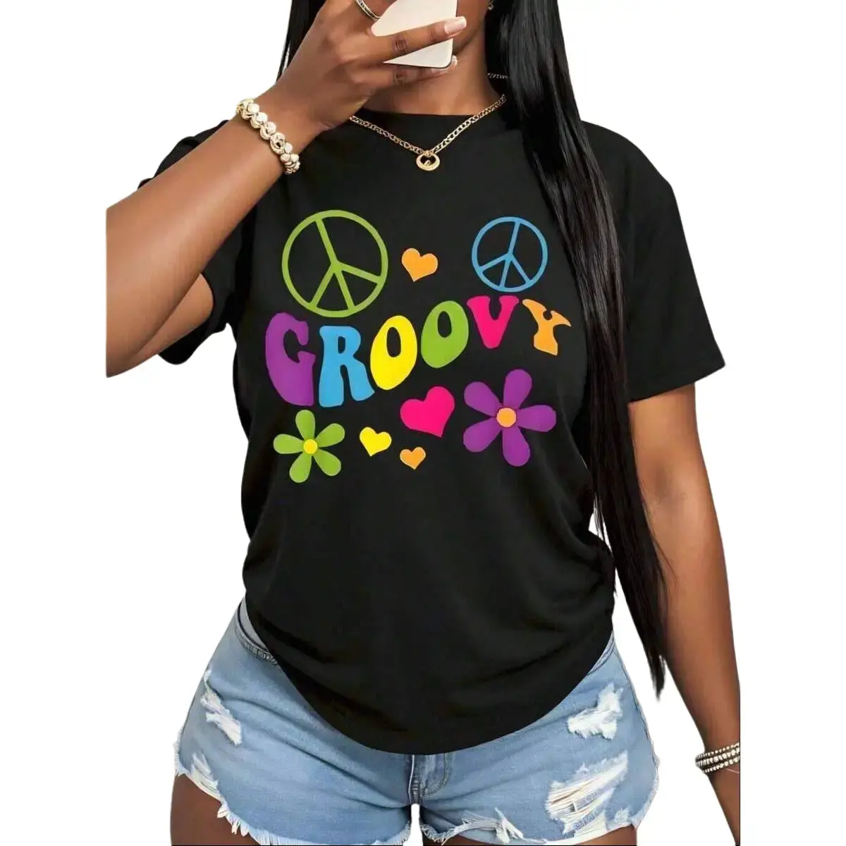 Groovy Peace Love Flower T-Shirt For Women Unisex Casual Summer Top Hippie Style Graphic Tee With Colorful Design Perfect For Music Festivals And Everyday Wear