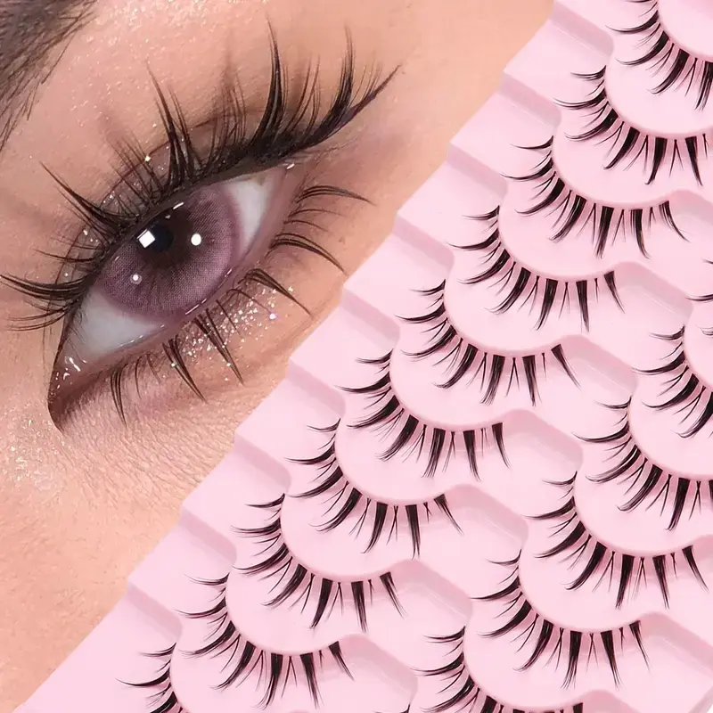10 Pairs Anime Style Curled False Eyelashes, C Curl with Natural and Dramatic Effect, Reusable Transparent Band, Perfect for Cosplay and Visual Effects, Cosmetic False Lashes, Universal Lashes, Eyelashes Set