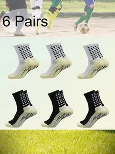 6 Pairs Men Women Football Sports Socks High Performance Non Slip Dot Glue Shock Absorption Black White Mid Long Tube Professional Competition Training Socks Fitness Running Cycling Soccer Breathable Soft And Comfortable Soccer Grip Socks
