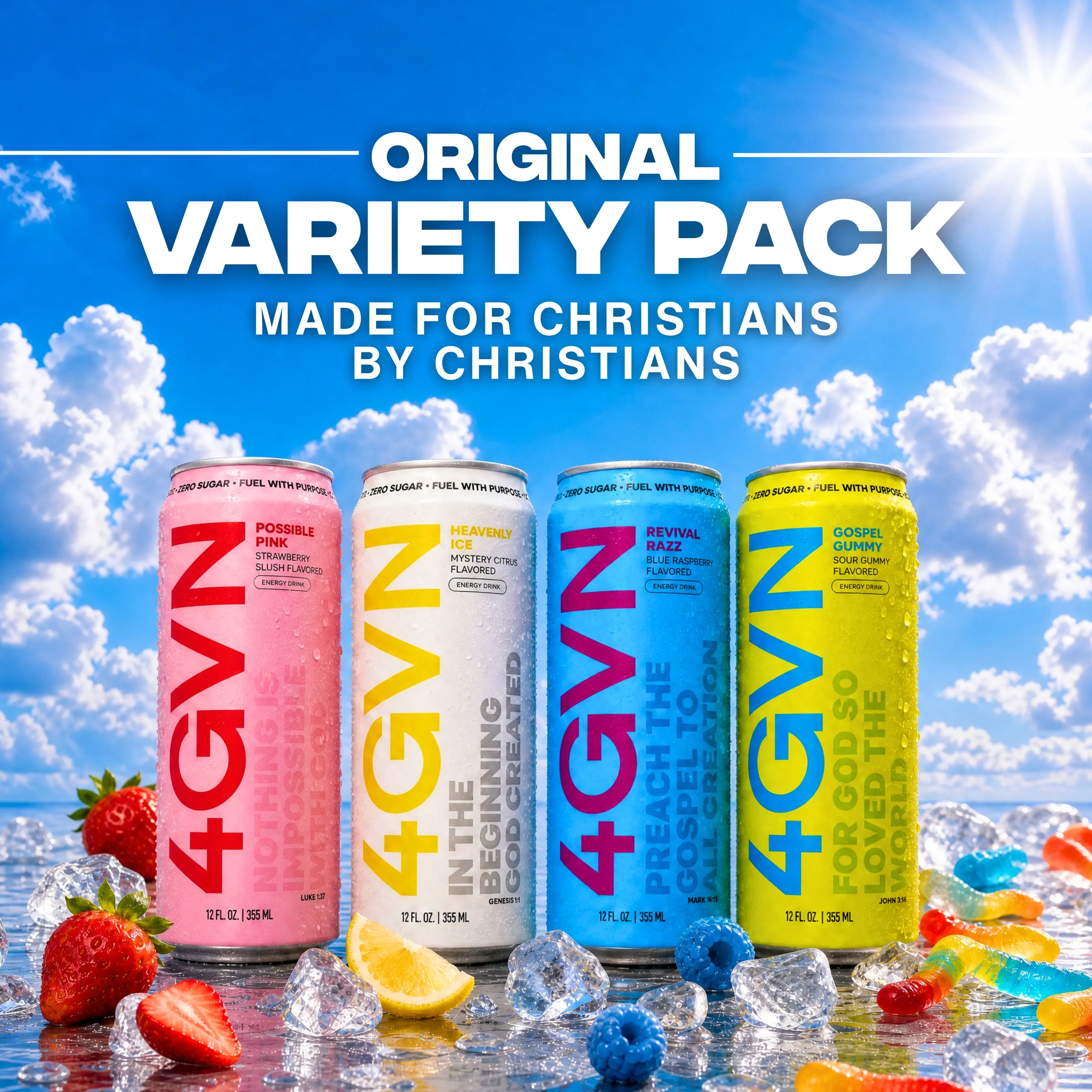 4GVN Christian Energy Drink  – 12 Cans, 200mg Natural Caffeine, Zero Sugar