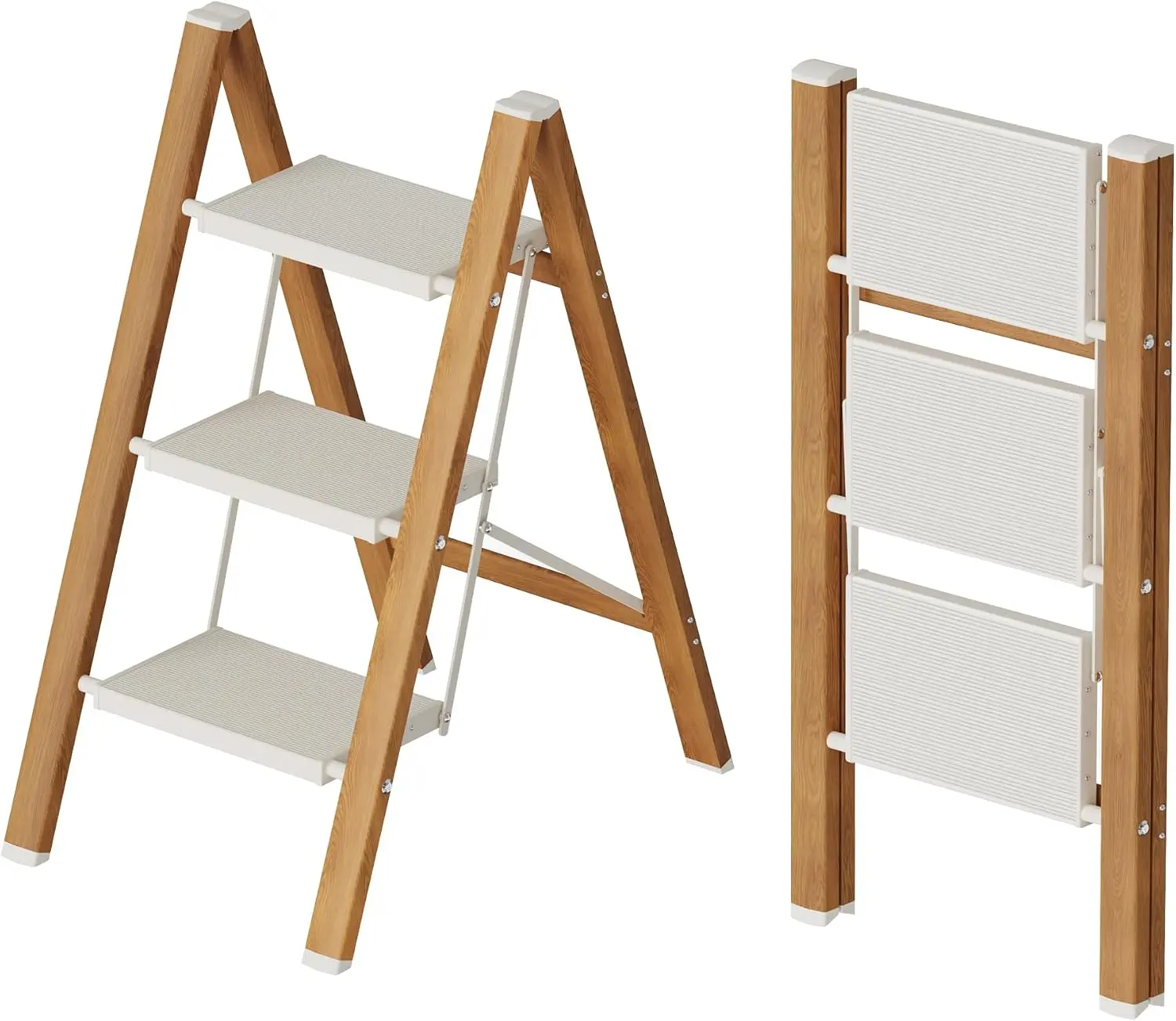 3-Step Lightweight Aluminum Foldable Step Ladder - Portable Climbing Aid with Wide Anti-Slip Pedals, 330lbs Cap. for Home Cleaning Tasks (White&Woodgrain)