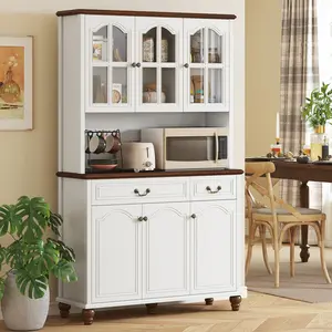 HOMCOM 71" Large Size Vintage Kitchen Pantry Cabinet with Antique Legs, Arched Window Pane Soft-Close Doors, Freestanding Storage with Microwave Stand, 2 Drawers & 3-Level Adjustable Shelves for Dining Room, White