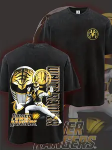 Mens Heavyweight Anime T-Shirt Power Rangers White Ranger Soft Washed Shirt for Anime Fans Casual Streetwear Convention Outfits Ideal Gift for Anime Lovers Black Double Sided Anime Clothes  Merchandise  Aesthetic Durable Material Short Slee