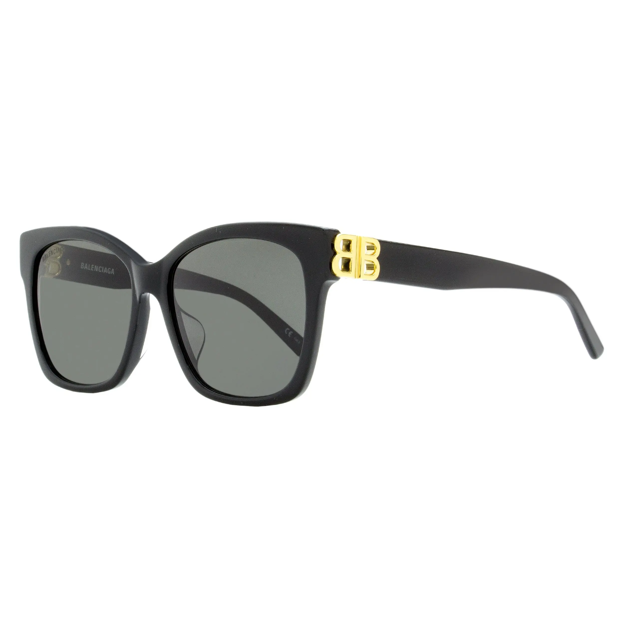 Balenciaga Women's Square Full Rim Luxury Sunglasses - BB0102SA 001, Black/Gold, 57mm, Bold Statement Frame, UV Protection, Alternative Fit, Bb Logo, Integrated Hinges, Wide Saddle Bridge, Eye Fashion