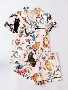 Cute Cat Garden Print Short Sleeve Shorts Set, Fitted Casual Homeewear for Women, All Seasons Wear, Loungewear, Two-Piece Pajama Sleepwear