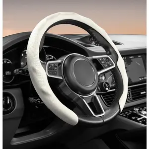 Nappa Leather Perforated Steering Wheel Cover, All-Season Anti-Slip Sweat-Absorbent Breathable Car Steering Wheel Cover, 5D Round Sporty Design for Men Women