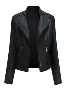 Women's Spring Autumn Faux Leather Motorcycle Jacket, Asymmetrical Front Design, Fitted Lightweight Thin PU Coat, Casual Fashion Outerwear, Long Sleeve