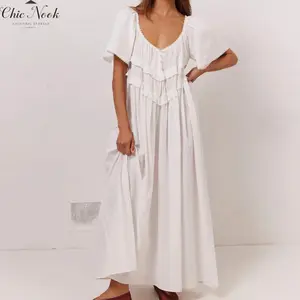 Women Long Dress, Elegant Short Sleeve Low-cut Backless Solid/Plaid Loose Swing Dress