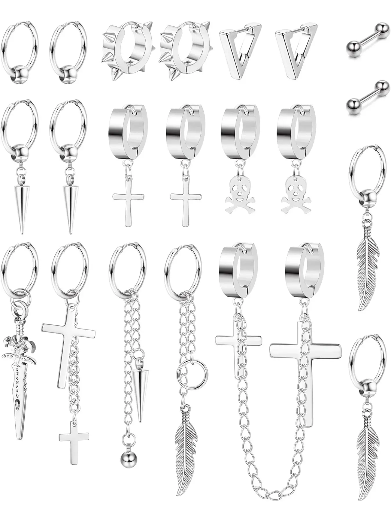 21pcs 316L Stainless Steel Hoop Earrings, Men Women Dangle Chain Earrings, High Quality Earrings, Fashionable Earrings, Earrings Stack, Stacked Earrings Set, Dangling Earrings, Punk Gothic Kpop Style, Leaf Cross Design, Unisex Jewelry Set