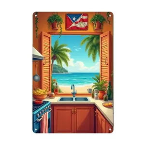 Aluminum Cozy Tropical Kitchen Painting Decorative Wall Art with Beach View and Puerto Rico Flag for Home Office Cafe Bar Decor Artwork Easy to Hang Decoration
