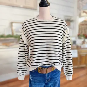 SageVell Striped 100% Cotton Sweatshirt for Women, Black and White Long Sleeve Pullover with Ruffle Detail Casual Top