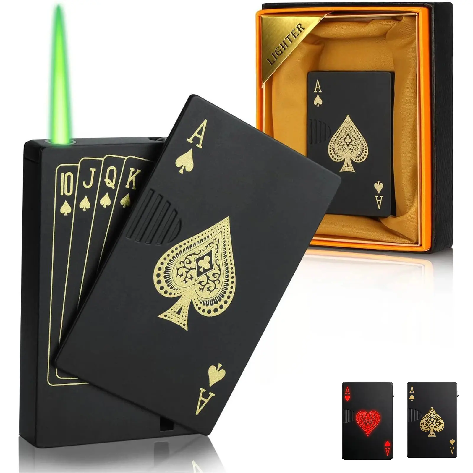 (Requires Self Inflation)Poker Ace Lighter - Windproof Green Jet Flame Torch with Hidden UV Light, Unique Metal Playing Card Design, Refillable Pocket Lighter for Camping, BBQ& EDC, Cool Stuff